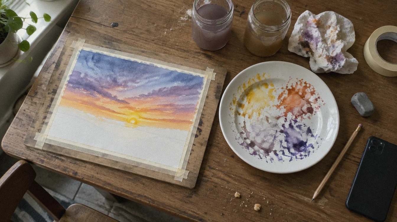 A painting table with watercolors, brushes and a finished painting