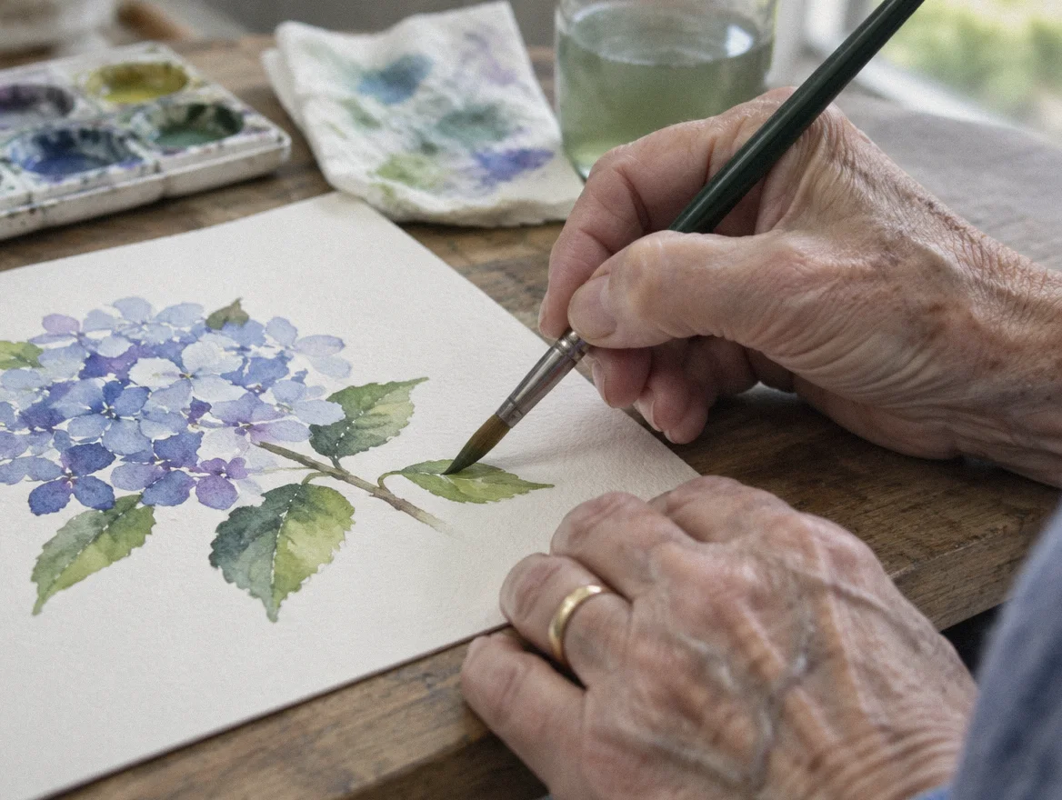 Hands painting a watercolor with a round brush